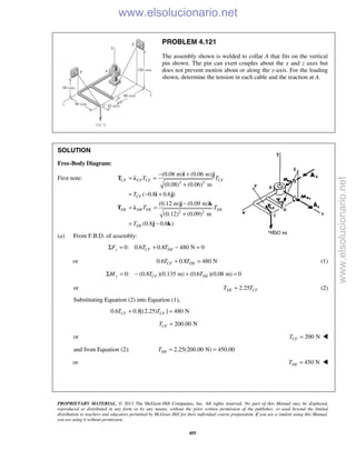 PROPRIETARY MATERIAL. © 2013 The McGraw-Hill Companies, Inc. All rights reserved. No part of this Manual may be displayed,
reproduced or distributed in any form or by any means, without the prior written permission of the publisher, or used beyond the limited
distribution to teachers and educators permitted by McGraw-Hill for their individual course preparation. If you are a student using this Manual,
you are using it without permission.
495
PROBLEM 4.121
The assembly shown is welded to collar A that fits on the vertical
pin shown. The pin can exert couples about the x and z axes but
does not prevent motion about or along the y-axis. For the loading
shown, determine the tension in each cable and the reaction at A.
SOLUTION
Free-Body Diagram:
First note:
2 2
2 2
(0.08 m) (0.06 m)
(0.08) (0.06) m
( 0.8 0.6 )
(0.12 m) (0.09 m)
(0.12) (0.09) m
(0.8 0.6 )
− +
= =
+
= − +
−
= =
+
= −
CF CF CF CF
CF
DE DE DE DE
DE
T T
T
T T
T
i j
T λ
i j
j k
T λ
j k
(a) From F.B.D. of assembly:
0: 0.6 0.8 480 N 0Σ = + − =y CF DEF T T
or 0.6 0.8 480 NCF DET T+ = (1)
0: (0.8 )(0.135 m) (0.6 )(0.08 m) 0Σ = − + =y CF DEM T T
or 2.25DE CFT T= (2)
Substituting Equation (2) into Equation (1),
0.6 0.8[(2.25) ] 480 NCF CFT T+ =
200.00 NCFT =
or 200 NCFT = 
 and from Equation (2): 2.25(200.00 N) 450.00DET = =
or 450 NDET = 
www.elsolucionario.net
www.elsolucionario.net
 