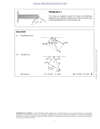 PROPRIETARY MATERIAL. © 2013 The McGraw-Hill Companies, Inc. All rights reserved. No part of this Manual may be displayed,
reproduced or distributed in any form or by any means, without the prior written permission of the publisher, or used beyond the limited
distribution to teachers and educators permitted by McGraw-Hill for their individual course preparation. If you are a student using this Manual,
you are using it without permission.
3
PROBLEM 2.1
Two forces are applied at point B of beam AB. Determine
graphically the magnitude and direction of their resultant using
(a) the parallelogram law, (b) the triangle rule.
SOLUTION
(a) Parallelogram law:
(b) Triangle rule:
We measure: 3.30 kN, 66.6R α= = ° 3.30 kN=R 66.6° 
www.elsolucionario.net
www.elsolucionario.net
 
