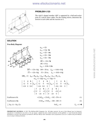 PROPRIETARY MATERIAL. © 2013 The McGraw-Hill Companies, Inc. All rights reserved. No part of this Manual may be displayed,
reproduced or distributed in any form or by any means, without the prior written permission of the publisher, or used beyond the limited
distribution to teachers and educators permitted by McGraw-Hill for their individual course preparation. If you are a student using this Manual,
you are using it without permission.
498
PROBLEM 4.123
The rigid L-shaped member ABF is supported by a ball-and-socket
joint at A and by three cables. For the loading shown, determine the
tension in each cable and the reaction at A.
SOLUTION
Free-Body Diagram:
/
/
/
/
/
12
12 8
12 16
12 24
12 32
=
= −
= −
= −
= −
r i
r j k
r i k
r i k
r i k
B A
F A
D A
E A
F A
12 9
15 in.
0.8 0.6BG
BG
BG
= − +
=
= − +
i k
λ i k

12 16 ; 20 in.; 0.6 0.8
12 16 ; 20 in.; 0.6 0.8
DH
FJ
DH DH
FJ FJ
λ
λ
= − + = = − +
= − + = = − +
i j i j
i j i j


/ /
/ /
0:
( 24 ) ( 24 ) 0
12 0 0 12 0 16 12 0 32
0.8 0 0.6 0.6 0.8 0 0.6 0.8 0
12 0 8 12 0 24 0
0 24 0 0 24 0
A B A BG BG DH DH DH F A FJ FJ
F A E A
BG DH FJT T T
λ λ λΣ = × + × + ×
+ × − + × − =
+ − + −
− − −
+ − + − =
− −
M r T r T r T
r j r j
i j k i j k i j k
i j k i j k
Coefficient of i: 12.8 25.6 192 576 0DH FJT T+ + − − = (1)
Coefficient of k: 9.6 9.6 288 288 0DH FJT T+ + − − = (2)
3
4
Eq. (1) − Eq. (2): 9.6 0FJT = 0FJT = 
www.elsolucionario.net
www.elsolucionario.net
 