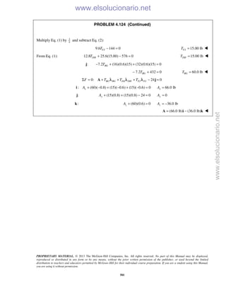 PROPRIETARY MATERIAL. © 2013 The McGraw-Hill Companies, Inc. All rights reserved. No part of this Manual may be displayed,
reproduced or distributed in any form or by any means, without the prior written permission of the publisher, or used beyond the limited
distribution to teachers and educators permitted by McGraw-Hill for their individual course preparation. If you are a student using this Manual,
you are using it without permission.
501
PROBLEM 4.124 (Continued)
Multiply Eq. (1) by 3
4
and subtract Eq. (2):
9.6 144 0FJT − = 15.00 lbFJT = 
From Eq. (1): 12.8 25.6(15.00) 576 0DHT + − = 15.00 lbDHT = 
:j 7.2 (16)(0.6)(15) (32)(0.6)(15) 0BGT− + + =
7.2 432 0BGT− + = 60.0 lbBGT = 
0: 24 0BG BG DA DH FJ FJF T T TΣ = + + + − =A jλ λ λ
: (60)( 0.8) (15)( 0.6) (15)( 0.6) 0xA + − + − + − =i 66.0 lbxA =
:j (15)(0.8) (15)(0.8) 24 0yA + + − = 0yA =
:k (60)(0.6) 0zA + = 36.0 lbzA = −
(66.0 lb) (36.0 lb)= −A i k 
www.elsolucionario.net
www.elsolucionario.net
 