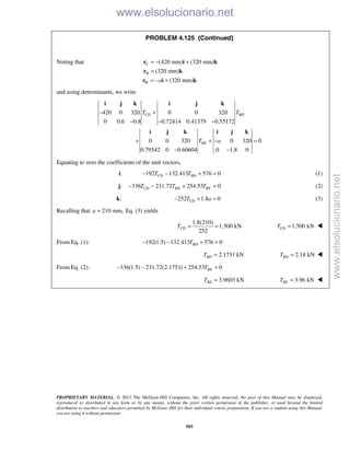 PROPRIETARY MATERIAL. © 2013 The McGraw-Hill Companies, Inc. All rights reserved. No part of this Manual may be displayed,
reproduced or distributed in any form or by any means, without the prior written permission of the publisher, or used beyond the limited
distribution to teachers and educators permitted by McGraw-Hill for their individual course preparation. If you are a student using this Manual,
you are using it without permission.
503
PROBLEM 4.125 (Continued)
Noting that (420 mm) (320 mm)
(320 mm)
(320 mm)
C
B
W a
= − +
=
= − +
r i k
r k
r i k
and using determinants, we write
420 0 320 0 0 320
0 0.6 0.8 0.72414 0.41379 0.55172
0 0 320 0 320 0
0.79542 0 0.60604 0 1.8 0
CD BD
BE
T T
T a
− +
− − −
+ + − =
− −
i j k i j k
i j k i j k
Equating to zero the coefficients of the unit vectors,
i: 192 132.413 576 0CD BDT T− − + = (1)
:j 336 231.72 254.53 0CD BD BET T T− − + = (2)
k: 252 1.8 0CDT a− + = (3)
Recalling that 210 mm,a = Eq. (3) yields
1.8(210)
1.500 kN
252
CDT = = 1.500 kNCDT = 
From Eq. (1): 192(1.5) 132.413 576 0BDT− − + =
2.1751 kNBDT = 2.18 kNBDT = 
From Eq. (2): 336(1.5) 231.72(2.1751) 254.53 0BET− − + =
 3.9603 kNBET =  3.96 kNBET = 
www.elsolucionario.net
www.elsolucionario.net
 