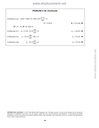 PROPRIETARY MATERIAL. © 2013 The McGraw-Hill Companies, Inc. All rights reserved. No part of this Manual may be displayed,
reproduced or distributed in any form or by any means, without the prior written permission of the publisher, or used beyond the limited
distribution to teachers and educators permitted by McGraw-Hill for their individual course preparation. If you are a student using this Manual,
you are using it without permission.
508
PROBLEM 4.128 (Continued)
Coefficient of
52.12
: 150 (300 75 300 225) 0
425
B − × + × =j
73.58 NB = (73.6 N)=B i 
0: 0WΣ = + + − =F A B T j
Coefficient of :i
300
73.58 52.15 0
425
xA + − = 36.8 NxA = − 
Coefficient of :j
200
52.15 98.1 0
425
yA + − = 73.6 NyA = 
Coefficient of :k
225
52.15 0
425
zA − = 27.6 NzA = 
www.elsolucionario.net
www.elsolucionario.net
 