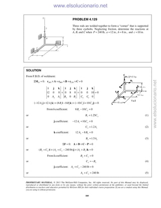 PROPRIETARY MATERIAL. © 2013 The McGraw-Hill Companies, Inc. All rights reserved. No part of this Manual may be displayed,
reproduced or distributed in any form or by any means, without the prior written permission of the publisher, or used beyond the limited
distribution to teachers and educators permitted by McGraw-Hill for their individual course preparation. If you are a student using this Manual,
you are using it without permission.
509
PROBLEM 4.129
Three rods are welded together to form a “corner” that is supported
by three eyebolts. Neglecting friction, determine the reactions at
A, B, and C when 240P = lb, 12 in., 8 in.,a b= = and 10 in.c =
SOLUTION
From F.B.D. of weldment:
/ / /0: 0O A O B O C OΣ = × + × + × =M r A r B r C
12 0 0 0 8 0 0 0 10 0
0 0 0y z x z x yA A B B C C
+ + =
i j k i j k i j k
( 12 12 ) (8 8 ) ( 10 10 ) 0z y z x y xA A B B C C− + + − + − + =j k i k i j
From i-coefficient: 8 10 0z yB C− =
or 1.25z yB C= (1)
j-coefficient: 12 10 0z xA C− + =
or 1.2x zC A= (2)
k-coefficient: 12 8 0y xA B− =
or 1.5x yB A= (3)
 0: 0Σ = + + − =F A B C P 
or ( ) ( 240 lb) ( ) 0x x y y z zB C A C A B+ + + − + + =i j k 
From i-coefficient: 0x xB C+ =
or x xC B= − (4)
j-coefficient: 240 lb 0y yA C+ − =
or 240 lby yA C+ = (5)
www.elsolucionario.net
www.elsolucionario.net
 