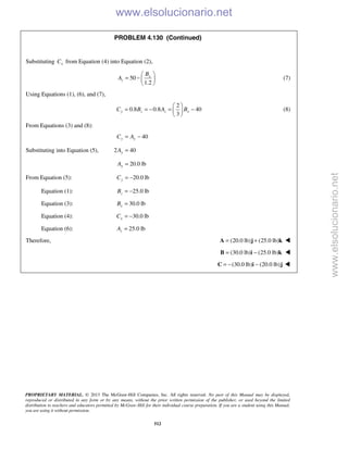 PROPRIETARY MATERIAL. © 2013 The McGraw-Hill Companies, Inc. All rights reserved. No part of this Manual may be displayed,
reproduced or distributed in any form or by any means, without the prior written permission of the publisher, or used beyond the limited
distribution to teachers and educators permitted by McGraw-Hill for their individual course preparation. If you are a student using this Manual,
you are using it without permission.
512
PROBLEM 4.130 (Continued)
Substituting xC from Equation (4) into Equation (2),
50
1.2
x
z
B
A
 
= −  
 
(7)
Using Equations (1), (6), and (7),
2
0.8 0.8 40
3
y z z xC B A B
 
= = − = − 
 
(8)
From Equations (3) and (8):
40y yC A= −
Substituting into Equation (5), 2 40yA =
20.0 lbyA =
From Equation (5): 20.0 lbyC = −
Equation (1): 25.0 lbzB = −
Equation (3): 30.0 lbxB =
Equation (4): 30.0 lbxC = −
Equation (6): 25.0 lbzA =
Therefore, (20.0 lb) (25.0 lb)= +A j k 
  (30.0 lb) (25.0 lb)= −B i k 
 (30.0 lb) (20.0 lb)= − −C i j 
www.elsolucionario.net
www.elsolucionario.net
 
