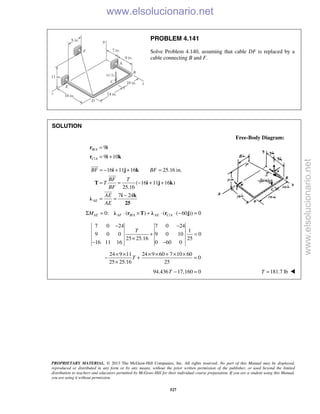 PROPRIETARY MATERIAL. © 2013 The McGraw-Hill Companies, Inc. All rights reserved. No part of this Manual may be displayed,
reproduced or distributed in any form or by any means, without the prior written permission of the publisher, or used beyond the limited
distribution to teachers and educators permitted by McGraw-Hill for their individual course preparation. If you are a student using this Manual,
you are using it without permission.
527
PROBLEM 4.141
Solve Problem 4.140, assuming that cable DF is replaced by a
cable connecting B and F.
SOLUTION
Free-Body Diagram:
/
/
9
9 10
B A
C A
=
= +
r i
r i k
16 11 16 25.16 in.
( 16 11 16 )
25.16
7 24
AE
BF BF
BF T
T
BF
AE
AE
= − + + =
= = − + +
−
= =
i j k
T i j k
i k
λ
25



/ /0: ( ) ( ( 60 )) 0AE AF B A AE C AMΣ = ⋅ × + ⋅ ⋅ − =λ r T λ r j
7 0 24 7 0 24
1
9 0 0 9 0 10 0
25 25.16 25
16 11 16 0 60 0
T
− −
+ =
×
− −
24 9 11 24 9 60 7 10 60
0
25 25.16 25
T
× × × × + × ×
− + =
×
94.436 17,160 0− =T 181.7 lbT = 
www.elsolucionario.net
www.elsolucionario.net
 