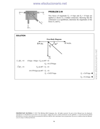 PROPRIETARY MATERIAL. © 2013 The McGraw-Hill Companies, Inc. All rights reserved. No part of this Manual may be displayed,
reproduced or distributed in any form or by any means, without the prior written permission of the publisher, or used beyond the limited
distribution to teachers and educators permitted by McGraw-Hill for their individual course preparation. If you are a student using this Manual,
you are using it without permission.
51
PROBLEM 2.49
Two forces of magnitude TA = 8 kips and TB = 15 kips are
applied as shown to a welded connection. Knowing that the
connection is in equilibrium, determine the magnitudes of the
forces TC and TD.
SOLUTION
Free-Body Diagram
0 15 kips 8 kips cos40 0x DF TΣ = − − ° =
9.1379 kipsDT =
0yFΣ = sin 40 0D CT T° − =
(9.1379 kips)sin 40 0
5.8737 kips
° − =
=
C
C
T
T 5.87 kips=CT 
9.14 kipsDT = 
www.elsolucionario.net
www.elsolucionario.net
 