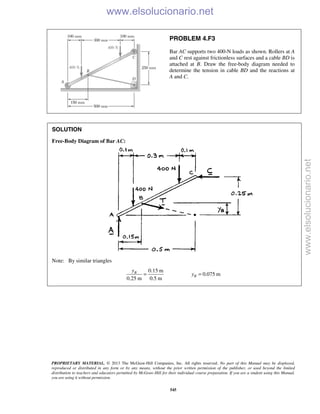 PROPRIETARY MATERIAL. © 2013 The McGraw-Hill Companies, Inc. All rights reserved. No part of this Manual may be displayed,
reproduced or distributed in any form or by any means, without the prior written permission of the publisher, or used beyond the limited
distribution to teachers and educators permitted by McGraw-Hill for their individual course preparation. If you are a student using this Manual,
you are using it without permission.
545
PROBLEM 4.F3
Bar AC supports two 400-N loads as shown. Rollers at A
and C rest against frictionless surfaces and a cable BD is
attached at B. Draw the free-body diagram needed to
determine the tension in cable BD and the reactions at
A and C.
SOLUTION
Free-Body Diagram of Bar AC:

Note: By similar triangles
0.15 m
0.075 m
0.25 m 0.5 m
B
B
y
y= = 
www.elsolucionario.net
www.elsolucionario.net
 