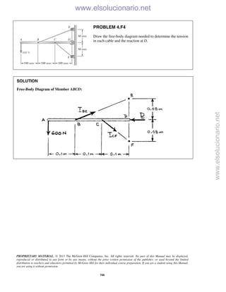 PROPRIETARY MATERIAL. © 2013 The McGraw-Hill Companies, Inc. All rights reserved. No part of this Manual may be displayed,
reproduced or distributed in any form or by any means, without the prior written permission of the publisher, or used beyond the limited
distribution to teachers and educators permitted by McGraw-Hill for their individual course preparation. If you are a student using this Manual,
you are using it without permission.
546
PROBLEM 4.F4
Draw the free-body diagram needed to determine the tension
in each cable and the reaction at D.
SOLUTION
Free-Body Diagram of Member ABCD:

www.elsolucionario.net
www.elsolucionario.net
 