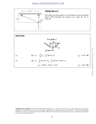 PROPRIETARY MATERIAL. © 2013 The McGraw-Hill Companies, Inc. All rights reserved. No part of this Manual may be displayed,
reproduced or distributed in any form or by any means, without the prior written permission of the publisher, or used beyond the limited
distribution to teachers and educators permitted by McGraw-Hill for their individual course preparation. If you are a student using this Manual,
you are using it without permission.
53
PROBLEM 2.51
Two cables are tied together at C and loaded as shown. Knowing
that 360 N,P = determine the tension (a) in cable AC, (b) in
cable BC.
SOLUTION
Free Body: C
(a)
12 4
0: (360 N) 0
13 5
x ACTΣ = − + =F 312 NACT = 
(b)
5 3
0: (312 N) (360 N) 480 N 0
13 5
y BCTΣ = + + − =F
480 N 120 N 216 NBCT = − − 144 NBCT = 
www.elsolucionario.net
www.elsolucionario.net
 