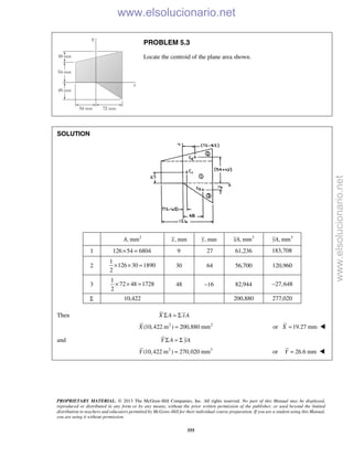 PROPRIETARY MATERIAL. © 2013 The McGraw-Hill Companies, Inc. All rights reserved. No part of this Manual may be displayed,
reproduced or distributed in any form or by any means, without the prior written permission of the publisher, or used beyond the limited
distribution to teachers and educators permitted by McGraw-Hill for their individual course preparation. If you are a student using this Manual,
you are using it without permission.
555
PROBLEM 5.3
Locate the centroid of the plane area shown.
SOLUTION
2
, mmA , mmx , mmy 3
, mmxA 3
, mmyA
1 126 54 6804× = 9 27 61,236 183,708
2
1
126 30 1890
2
× × = 30 64 56,700 120,960
3
1
72 48 1728
2
× × = 48 16− 82,944 27,648−
Σ 10,422 200,880 277,020
Then X A xAΣ = Σ
2 2
(10,422 m ) 200,880 mmX = or 19.27 mmX = 
and Y A yAΣ = Σ
2 3
(10,422 m ) 270,020 mmY = or 26.6 mmY = 
www.elsolucionario.net
www.elsolucionario.net
 