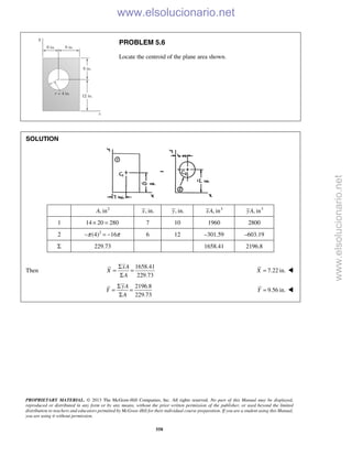 PROPRIETARY MATERIAL. © 2013 The McGraw-Hill Companies, Inc. All rights reserved. No part of this Manual may be displayed,
reproduced or distributed in any form or by any means, without the prior written permission of the publisher, or used beyond the limited
distribution to teachers and educators permitted by McGraw-Hill for their individual course preparation. If you are a student using this Manual,
you are using it without permission.
558
PROBLEM 5.6
Locate the centroid of the plane area shown.
SOLUTION
2
, inA , in.x , in.y 3
, inxA 3
, inyA
1 14 20 280× = 7 10 1960 2800
2 2
(4) 16π π− = − 6 12 –301.59 –603.19
Σ 229.73 1658.41 2196.8
Then
1658.41
229.73
xA
X
A
Σ
= =
Σ
7.22 in.X = 
2196.8
229.73
yA
Y
A
Σ
= =
Σ
9.56 in.Y = 
www.elsolucionario.net
www.elsolucionario.net
 