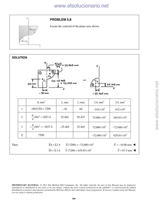PROPRIETARY MATERIAL. © 2013 The McGraw-Hill Companies, Inc. All rights reserved. No part of this Manual may be displayed,
reproduced or distributed in any form or by any means, without the prior written permission of the publisher, or used beyond the limited
distribution to teachers and educators permitted by McGraw-Hill for their individual course preparation. If you are a student using this Manual,
you are using it without permission.
560
PROBLEM 5.8
Locate the centroid of the plane area shown.
SOLUTION
2
, mmA , mmx , mmy 3
, mmxA 3
, mmyA
1 (60)(120) 7200= –30 60 3
216 10− × 3
432 10×
2 2
(60) 2827.4
4
π
= 25.465 95.435 3
72.000 10× 3
269.83 10×
3 2
(60) 2827.4
4
π
− = − –25.465 25.465 3
72.000 10× 3
72.000 10− ×
Σ 7200 3
72.000 10− × 3
629.83 10×
Then 3
(7200) 72.000 10XA x A X= Σ = − × 10.00 mmX = − 
3
(7200) 629.83 10YA y A Y= Σ = × 87.5 mmY = 
www.elsolucionario.net
www.elsolucionario.net
 