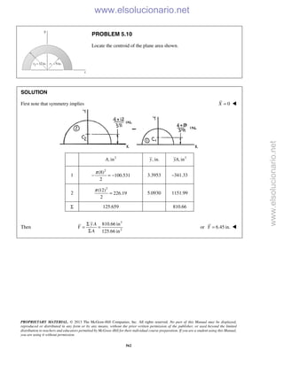 PROPRIETARY MATERIAL. © 2013 The McGraw-Hill Companies, Inc. All rights reserved. No part of this Manual may be displayed,
reproduced or distributed in any form or by any means, without the prior written permission of the publisher, or used beyond the limited
distribution to teachers and educators permitted by McGraw-Hill for their individual course preparation. If you are a student using this Manual,
you are using it without permission.
562
PROBLEM 5.10
Locate the centroid of the plane area shown.
SOLUTION
First note that symmetry implies 0X = 
2
, inA , in.y 3
, inyA
1
2
(8)
100.531
2
π
− = − 3.3953 –341.33
2
2
(12)
226.19
2
π
= 5.0930 1151.99
Σ 125.659 810.66
Then
3
2
810.66 in
125.66 in
y A
Y
A
Σ
= =
Σ
or 6.45 in.Y = 
www.elsolucionario.net
www.elsolucionario.net
 