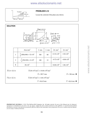 PROPRIETARY MATERIAL. © 2013 The McGraw-Hill Companies, Inc. All rights reserved. No part of this Manual may be displayed,
reproduced or distributed in any form or by any means, without the prior written permission of the publisher, or used beyond the limited
distribution to teachers and educators permitted by McGraw-Hill for their individual course preparation. If you are a student using this Manual,
you are using it without permission.
564
PROBLEM 5.12
Locate the centroid of the plane area shown.
SOLUTION

Area mm2
, mmx , mmy 3
, mmxA 3
, mmyA
1 31
(200)(480) 32 10
3
= × 360 60
6
11.52 10× 6
1.92 10×
2 31
(50)(240) 4 10
3
− = × 180 15
6
0.72 10− × 6
0.06 10− ×
Σ 3
28 10× 6
10.80 10× 6
1.86 10×

:X A x AΣ = Σ 3 2 6 3
(28 10 mm ) 10.80 10 mmX × = ×
385.7 mmX = 386 mmX = 
:Y A y AΣ = Σ 3 2 6 3
(28 10 mm ) 1.86 10 mmY × = ×
66.43 mmY = 66.4 mmY = 
www.elsolucionario.net
www.elsolucionario.net
 