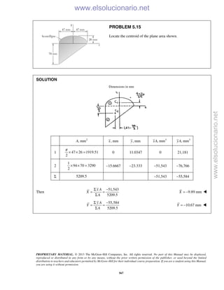 PROPRIETARY MATERIAL. © 2013 The McGraw-Hill Companies, Inc. All rights reserved. No part of this Manual may be displayed,
reproduced or distributed in any form or by any means, without the prior written permission of the publisher, or used beyond the limited
distribution to teachers and educators permitted by McGraw-Hill for their individual course preparation. If you are a student using this Manual,
you are using it without permission.
567
PROBLEM 5.15
Locate the centroid of the plane area shown.
SOLUTION
Dimensions in mm
2
, mmA , mmx , mmy 3
, mmxA 3
, mmyA
1 47 26 1919.51
2
π
× × = 0 11.0347 0 21,181
2
1
94 70 3290
2
× × = −15.6667 −23.333 −51,543 −76,766
Σ 5209.5 −51,543 −55,584
Then
51,543
5209.5
x A
X
A
Σ −
= =
Σ
9.89 mmX = − 
55,584
5209.5
y A
Y
A
Σ −
= =
Σ
10.67 mmY = − 
www.elsolucionario.net
www.elsolucionario.net
 