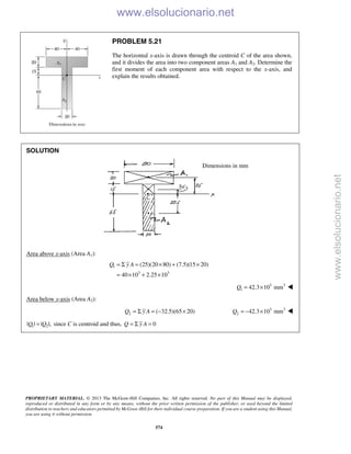 PROPRIETARY MATERIAL. © 2013 The McGraw-Hill Companies, Inc. All rights reserved. No part of this Manual may be displayed,
reproduced or distributed in any form or by any means, without the prior written permission of the publisher, or used beyond the limited
distribution to teachers and educators permitted by McGraw-Hill for their individual course preparation. If you are a student using this Manual,
you are using it without permission.
574
PROBLEM 5.21
The horizontal x-axis is drawn through the centroid C of the area shown,
and it divides the area into two component areas A1 and A2. Determine the
first moment of each component area with respect to the x-axis, and
explain the results obtained.
SOLUTION
Area above x-axis (Area A1):
1
3 3
(25)(20 80) (7.5)(15 20)
40 10 2.25 10
Q y A= Σ = × + ×
= × + ×
3 3
1 42.3 10 mmQ = × 
Area below x-axis (Area A2):
2 ( 32.5)(65 20)Q y A= Σ = − × 3 3
2 42.3 10 mmQ = − × 
1 2| | | |,Q Q= since C is centroid and thus, 0Q y A= Σ = 
Dimensions in mm
www.elsolucionario.net
www.elsolucionario.net
 
