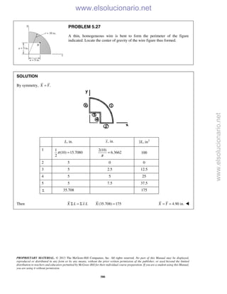 PROPRIETARY MATERIAL. © 2013 The McGraw-Hill Companies, Inc. All rights reserved. No part of this Manual may be displayed,
reproduced or distributed in any form or by any means, without the prior written permission of the publisher, or used beyond the limited
distribution to teachers and educators permitted by McGraw-Hill for their individual course preparation. If you are a student using this Manual,
you are using it without permission.
580
PROBLEM 5.27
A thin, homogeneous wire is bent to form the perimeter of the figure
indicated. Locate the center of gravity of the wire figure thus formed.
SOLUTION
By symmetry, .X Y=
L, in. , in.x 2
, inyL
1 1
(10) 15.7080
2
π =
2(10)
6.3662
π
= 100
2 5 0 0
3 5 2.5 12.5
4 5 5 25
5 5 7.5 37.5
Σ 35.708 175
Then (35.708) 175X L x L XΣ = Σ = 4.90 in.= =X Y 
www.elsolucionario.net
www.elsolucionario.net
 