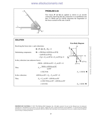 PROPRIETARY MATERIAL. © 2013 The McGraw-Hill Companies, Inc. All rights reserved. No part of this Manual may be displayed,
reproduced or distributed in any form or by any means, without the prior written permission of the publisher, or used beyond the limited
distribution to teachers and educators permitted by McGraw-Hill for their individual course preparation. If you are a student using this Manual,
you are using it without permission.
57
PROBLEM 2.55
Two forces P and Q are applied as shown to an aircraft
connection. Knowing that the connection is in equilibrium and
that 500P = lb and 650Q = lb, determine the magnitudes of
the forces exerted on the rods A and B.
SOLUTION
Free-Body Diagram
Resolving the forces into x- and y-directions:
0A B= + + + =R P Q F F
Substituting components: (500 lb) [(650 lb)cos50 ]
[(650 lb)sin50 ]
( cos50 ) ( sin50 ) 0B A AF F F
= − + °
− °
+ − ° + ° =
R j i
j
i i j
In the y-direction (one unknown force):
500 lb (650 lb)sin50 sin50 0AF− − ° + ° =
Thus,
500 lb (650 lb)sin50
sin50
AF
+ °
=
°
1302.70 lb= 1303 lbAF = 
In the x-direction: (650 lb)cos50 cos50 0B AF F° + − ° =
Thus, cos50 (650 lb)cos50
(1302.70 lb)cos50 (650 lb)cos50
B AF F= ° − °
= ° − °
419.55 lb= 420 lbBF = 
www.elsolucionario.net
www.elsolucionario.net
 