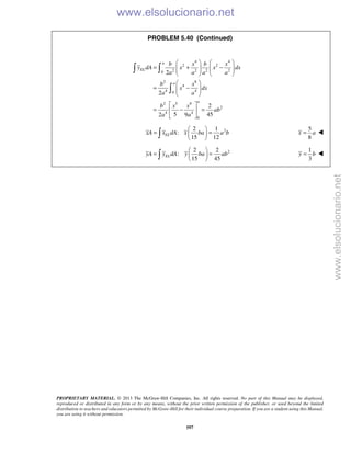 PROPRIETARY MATERIAL. © 2013 The McGraw-Hill Companies, Inc. All rights reserved. No part of this Manual may be displayed,
reproduced or distributed in any form or by any means, without the prior written permission of the publisher, or used beyond the limited
distribution to teachers and educators permitted by McGraw-Hill for their individual course preparation. If you are a student using this Manual,
you are using it without permission.
597
PROBLEM 5.40 (Continued)
4 4
2 2
2 2 2 20
2 8
4
4 40
2 5 9
2
4 4
0
2
2
2
5 452 9
a
EL
a
a
b x b x
y dA x x dx
a a a a
b x
x dx
a a
b x x
ab
a a
   
= + −      
   
 
= −  
 
 
= − = 
 
 

22 1
:
15 12
ELxA x dA x ba a b
 
= = 
 
5
8
x a= 
 22 2
:
15 45
ELyA y dA y ba ab
 
= = 
  
1
3
y b= 
www.elsolucionario.net
www.elsolucionario.net
 