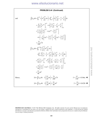 PROPRIETARY MATERIAL. © 2013 The McGraw-Hill Companies, Inc. All rights reserved. No part of this Manual may be displayed,
reproduced or distributed in any form or by any means, without the prior written permission of the publisher, or used beyond the limited
distribution to teachers and educators permitted by McGraw-Hill for their individual course preparation. If you are a student using this Manual,
you are using it without permission.
603
PROBLEM 5.44 (Continued)
and
1/2 1/2/2
0 /2
1
2
a a
EL
a
x x x
x dA x b dx x b dx
aa a
    
= + − +       
     
  
/2 5/2 3 4
5/2
0 /2
5/2 5/2
5/2
3 2
3 2
2
2 2
5 5 3 4
2
( )
5 2 2
1 1
( ) ( )
3 2 4 2
71
240
aa
a
b x x x
x b
aa a
b a a
a
a
a a
b a a
a
a b
  
= + − +  
   
    
= + −    
     
        
+ − − + −       
           
=
1/2 1/2/2
0
1/2 1/2
/2
/2 32 2 2
2
0
/2
2 2 2
2
2
1 1
2 2 2
1 1 1
2 2 2 2 3 2
1
( )
4 2 2 6 2 2
a
EL
a
a
a
a
a
b x x
y dA b dx
a a
b x x x x
b dx
a aa a
b b x x
x
a a a a
b a a b a
a
a a
 
=  
 
    
+ − + − +       
     
     
  = + − −          
     
= + − − −    
     
 

3
211
48
ab

 
 
=
Hence, 213 71
:
24 240
ELxA x dA x ab a b
 
= = 
 
17
0.546
130
x a a= = 
213 11
:
24 48
ELyA y dA y ab ab
 
= = 
 
11
0.423
26
y b b= = 
www.elsolucionario.net
www.elsolucionario.net
 
