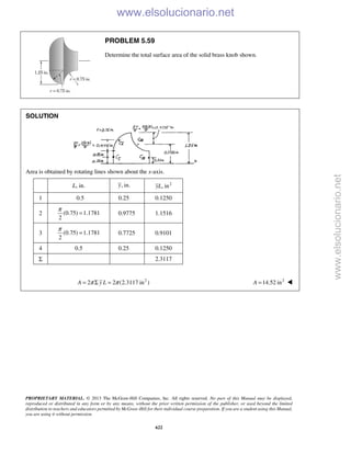 PROPRIETARY MATERIAL. © 2013 The McGraw-Hill Companies, Inc. All rights reserved. No part of this Manual may be displayed,
reproduced or distributed in any form or by any means, without the prior written permission of the publisher, or used beyond the limited
distribution to teachers and educators permitted by McGraw-Hill for their individual course preparation. If you are a student using this Manual,
you are using it without permission.
622
PROBLEM 5.59
Determine the total surface area of the solid brass knob shown.
SOLUTION
Area is obtained by rotating lines shown about the x-axis.
L, in. , in.y 2
, inyL
1 0.5 0.25 0.1250
2 (0.75) 1.1781
2
π
= 0.9775 1.1516
3 (0.75) 1.1781
2
π
= 0.7725 0.9101
4 0.5 0.25 0.1250
Σ 2.3117
2
2 2 (2.3117 in )A y Lπ π= Σ = 2
14.52 inA = 
www.elsolucionario.net
www.elsolucionario.net
 