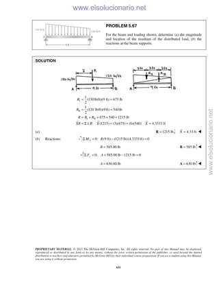 PROPRIETARY MATERIAL. © 2013 The McGraw-Hill Companies, Inc. All rights reserved. No part of this Manual may be displayed,
reproduced or distributed in any form or by any means, without the prior written permission of the publisher, or used beyond the limited
distribution to teachers and educators permitted by McGraw-Hill for their individual course preparation. If you are a student using this Manual,
you are using it without permission.
631
PROBLEM 5.67
For the beam and loading shown, determine (a) the magnitude
and location of the resultant of the distributed load, (b) the
reactions at the beam supports.
SOLUTION
I
II
I II
1
(150lb/ft)(9 ft) 675 lb
2
1
(120 lb/ft)(9ft) 540lb
2
675 540 1215 lb
: (1215) (3)(675) (6)(540) 4.3333 ft
R
R
R R R
XR x R X X
= =
= =
= + = + =
= Σ = + =
(a) 1215 lb=R 4.33 ftX = 
(b) Reactions: 0: (9 ft) (1215 lb)(4.3333 ft) 0AM BΣ = − =
585.00 lbB = 585 lb=B 
0: 585.00 lb 1215 lb 0yF AΣ = + − =
630.00 lbA = 630 lb=A 
www.elsolucionario.net
www.elsolucionario.net
 