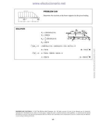 PROPRIETARY MATERIAL. © 2013 The McGraw-Hill Companies, Inc. All rights reserved. No part of this Manual may be displayed,
reproduced or distributed in any form or by any means, without the prior written permission of the publisher, or used beyond the limited
distribution to teachers and educators permitted by McGraw-Hill for their individual course preparation. If you are a student using this Manual,
you are using it without permission.
633
PROBLEM 5.69
Determine the reactions at the beam supports for the given loading.
SOLUTION
I
I
II
II
(200 lb/ft)(15 ft)
3000 lb
1
(200 lb/ft)(6 ft)
2
600 lb
R
R
R
R
=
=
=
=
0: (3000 lb)(1.5 ft) (600 lb)(9 ft 2ft) (15 ft) 0AM BΣ = − − + + =
740 lbB = 740 lb=B 
0: 740 lb 3000 lb 600 lb 0yF AΣ = + − − =
2860 lbA = 2860 lb=A 
www.elsolucionario.net
www.elsolucionario.net
 