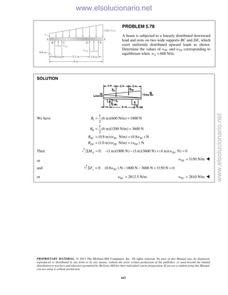 PROPRIETARY MATERIAL. © 2013 The McGraw-Hill Companies, Inc. All rights reserved. No part of this Manual may be displayed,
reproduced or distributed in any form or by any means, without the prior written permission of the publisher, or used beyond the limited
distribution to teachers and educators permitted by McGraw-Hill for their individual course preparation. If you are a student using this Manual,
you are using it without permission.
643
PROBLEM 5.78
A beam is subjected to a linearly distributed downward
load and rests on two wide supports BC and DE, which
exert uniformly distributed upward loads as shown.
Determine the values of wBC and wDE corresponding to
equilibrium when 600Aw = N/m.
SOLUTION
We have I
II
1
(6 m)(600 N/m) 1800 N
2
1
(6 m)(1200 N/m) 3600 N
2
(0.8 m)( N/m) (0.8 ) N
(1.0 m)( N/m) ( ) N
BC BC BC
DE DE DE
R
R
R w w
R w w
= =
= =
= =
= =
Then 0: (1 m)(1800 N) (3 m)(3600 N) (4 m)( N) 0G DEM wΣ = − − + =
or 3150 N/mDEw = 
and 0: (0.8 ) N 1800 N 3600 N 3150 N 0y BCF wΣ = − − + =
or 2812.5 N/mBCw = 2810 N/mBCw = 
www.elsolucionario.net
www.elsolucionario.net
 