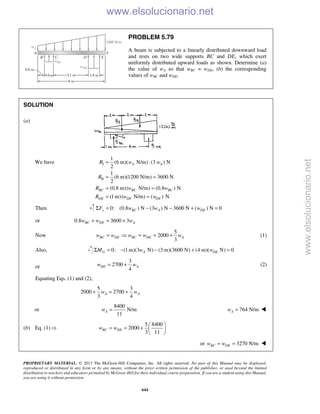 PROPRIETARY MATERIAL. © 2013 The McGraw-Hill Companies, Inc. All rights reserved. No part of this Manual may be displayed,
reproduced or distributed in any form or by any means, without the prior written permission of the publisher, or used beyond the limited
distribution to teachers and educators permitted by McGraw-Hill for their individual course preparation. If you are a student using this Manual,
you are using it without permission.
644
PROBLEM 5.79
A beam is subjected to a linearly distributed downward load
and rests on two wide supports BC and DE, which exert
uniformly distributed upward loads as shown. Determine (a)
the value of wA so that wBC = wDE, (b) the corresponding
values of wBC and wDE.
SOLUTION
(a)
We have I
II
1
(6 m)( N/m) (3 ) N
2
1
(6 m)(1200 N/m) 3600 N
2
(0.8 m)( N/m) (0.8 ) N
(1m)( N/m) ( ) N
A A
BC BC BC
DE DE DE
R w w
R
R w w
R w w
= ⋅
= =
= =
= =
Then 0: (0.8 ) N (3 ) N 3600 N ( ) N 0y BC A DEF w w wΣ = − − + =
or 0.8 3600 3BC DE Aw w w+ = +
Now
5
2000
3
BC DE BC DE Aw w w w w=  = = + (1)
Also, 0: (1 m)(3 N) (3 m)(3600 N) (4 m)( N) 0G A DEM w wΣ = − − + =
or
3
2700
4
DE Aw w= + (2)
Equating Eqs. (1) and (2),
5 3
2000 2700
3 4
A Aw w+ = +
or
8400
N/m
11
Aw = 764 N/mAw = 
(b) Eq. (1)
5 8400
2000
3 11
BC DEw w
 
= = +  
 
or 3270 N/mBC DEw w= = 
www.elsolucionario.net
www.elsolucionario.net
 