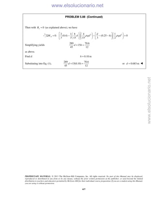 PROPRIETARY MATERIAL. © 2013 The McGraw-Hill Companies, Inc. All rights reserved. No part of this Manual may be displayed,
reproduced or distributed in any form or by any means, without the prior written permission of the publisher, or used beyond the limited
distribution to teachers and educators permitted by McGraw-Hill for their individual course preparation. If you are a student using this Manual,
you are using it without permission.
657
PROBLEM 5.88 (Continued)
Then with 0yB = (as explained above), we have
2 22 1 8 4 1
0: (0.4) (0.25 ) 0
3 3 15 15 3 2
A
d
M d gd h gdρ ρ
       
Σ = − − − − =       
       
Simplifying yields
289 70.6
15
45 12
d h+ =
as above.
Find d: 0.10 mh =
Substituting into Eq. (1),
289 70.6
15(0.10)
45 12
d + = or 0.683 m=d 
www.elsolucionario.net
www.elsolucionario.net
 