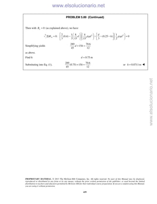 PROPRIETARY MATERIAL. © 2013 The McGraw-Hill Companies, Inc. All rights reserved. No part of this Manual may be displayed,
reproduced or distributed in any form or by any means, without the prior written permission of the publisher, or used beyond the limited
distribution to teachers and educators permitted by McGraw-Hill for their individual course preparation. If you are a student using this Manual,
you are using it without permission.
659
PROBLEM 5.89 (Continued)
Then with 0yB = (as explained above), we have
2 22 1 8 4 1
0: (0.4) (0.25 ) 0
3 3 15 15 3 2
A
d
M d gd h gdρ ρ
       
Σ = − − − − =       
       
Simplifying yields
289 70.6
15
45 12
d h+ =
as above.
Find h: 0.75 md =
Substituting into Eq. (1),
289 70.6
(0.75) 15
45 12
h+ = or 0.0711 mh = 
www.elsolucionario.net
www.elsolucionario.net
 