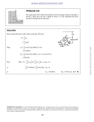 PROPRIETARY MATERIAL. © 2013 The McGraw-Hill Companies, Inc. All rights reserved. No part of this Manual may be displayed,
reproduced or distributed in any form or by any means, without the prior written permission of the publisher, or used beyond the limited
distribution to teachers and educators permitted by McGraw-Hill for their individual course preparation. If you are a student using this Manual,
you are using it without permission.
660
PROBLEM 5.90
The square gate AB is held in the position shown by hinges along its top edge A
and by a shear pin at B. For a depth of water 3.5d = ft, determine the force
exerted on the gate by the shear pin.
SOLUTION
First consider the force of the water on the gate. We have
1
2
1
( )
2
P Ap
A hγ
=
=
Then 2 3
I
2 3
II
1
(1.8 ft) (62.4 lb/ft )(1.7 ft)
2
171.850 lb
1
(1.8 ft) (62.4 lb/ft ) (1.7 1.8cos30 ) ft
2
329.43 lb
P
P
=
=
= × + °
=
Now I II
1 2
0: 0
3 3
A AB AB AB BM L P L P L F
   
Σ = + − =   
   
or
1 2
(171.850 lb) (329.43 lb) 0
3 3
BF+ − =
or 276.90 lbBF = 277 lbB =F 30.0° 
www.elsolucionario.net
www.elsolucionario.net
 