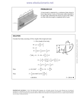PROPRIETARY MATERIAL. © 2013 The McGraw-Hill Companies, Inc. All rights reserved. No part of this Manual may be displayed,
reproduced or distributed in any form or by any means, without the prior written permission of the publisher, or used beyond the limited
distribution to teachers and educators permitted by McGraw-Hill for their individual course preparation. If you are a student using this Manual,
you are using it without permission.
661
PROBLEM 5.91
A long trough is supported by a continuous hinge along its
lower edge and by a series of horizontal cables attached to
its upper edge. Determine the tension in each of the cables,
at a time when the trough is completely full of water.
SOLUTION
Consider free body consisting of 20-in. length of the trough and water.
20-in.l = length of free body
2
2
4
1 1 1
( )
2 2 2
A
A
W v r l
P r
P P rl r rl r l
π
γ γ
γ
γ γ
 
= =  
 
=
= = =
1
0: 0
3
AM Tr Wr P r
 
Σ = − − = 
 
2 24 1 1
0
4 3 2 3
r
Tr r l r l r
π
γ γ
π
     
− − =     
     
2 2 21 1 1
3 6 2
T r l r l r lγ γ γ= + =
Data: 3 24 20
62.4 lb/ft ft 2 ft ft
12 12
r lγ = = = =
Then 3 21 20
(62.4 lb/ft )(2 ft) ft
2 12
T
 
=  
 
208.00 lb= 208 lbT = 
www.elsolucionario.net
www.elsolucionario.net
 