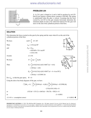 PROPRIETARY MATERIAL. © 2013 The McGraw-Hill Companies, Inc. All rights reserved. No part of this Manual may be displayed,
reproduced or distributed in any form or by any means, without the prior written permission of the publisher, or used beyond the limited
distribution to teachers and educators permitted by McGraw-Hill for their individual course preparation. If you are a student using this Manual,
you are using it without permission.
664
PROBLEM 5.94
A 4 2-ft× gate is hinged at A and is held in position by rod CD.
End D rests against a spring whose constant is 828 lb/ft. The spring
is undeformed when the gate is vertical. Assuming that the force
exerted by rod CD on the gate remains horizontal, determine the
minimum depth of water d for which the bottom B of the gate will
move to the end of the cylindrical portion of the floor.
SOLUTION
First determine the forces exerted on the gate by the spring and the water when B is at the end of the
cylindrical portion of the floor.
We have
2
sin 30
4
θ θ= = °
Then (3 ft)tan30SPx = °
and
828 lb/ft 3 ft tan30°
1434.14 lb
SP SPF kx=
= × ×
=
Assume 4 ftd ≥
We have
1 1
( )
2 2
γ= =P Ap A h
Then 3
I
1
[(4 ft)(2 ft)] [(62.4 lb/ft )( 4) ft]
2
249.6( 4) lb
P d
d
= × −
= −
3
II
1
[(4 ft)(2 ft)] [(62.4 lb/ft )( 4 4cos30 )]
2
249.6( 0.53590 ) lb
P d
d
= × − + °
= − °
For mind so that the gate opens, 0W =
Using the above free-body diagrams of the gate, we have
4 8
0: ft [249.6( 4) lb] ft [249.6( 0.53590) lb]
3 3
AM d d
   
Σ = − + −   
   
(3 ft)(1434.14 lb) 0− =
or (332.8 1331.2) (665.6 356.70) 4302.4 0d d− + − − =
or 6.00 ftd =
4 ftd ≥  assumption correct 6.00 ftd = 
www.elsolucionario.net
www.elsolucionario.net
 