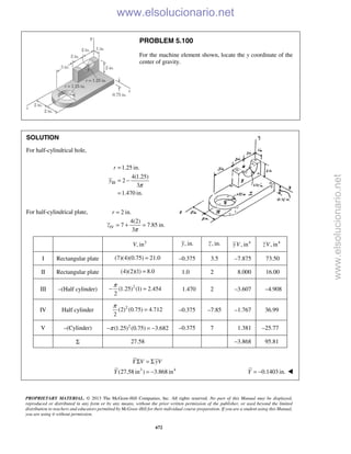 PROPRIETARY MATERIAL. © 2013 The McGraw-Hill Companies, Inc. All rights reserved. No part of this Manual may be displayed,
reproduced or distributed in any form or by any means, without the prior written permission of the publisher, or used beyond the limited
distribution to teachers and educators permitted by McGraw-Hill for their individual course preparation. If you are a student using this Manual,
you are using it without permission.
672
PROBLEM 5.100
For the machine element shown, locate the y coordinate of the
center of gravity.
SOLUTION
For half-cylindrical hole,
III
1.25 in.
4(1.25)
2
3
1.470 in.
r
y
π
=
= −
=
For half-cylindrical plate,
IV
2 in.
4(2)
7 7.85 in.
3π
=
= + =
r
z
3
, inV , in.y , in.z 4
, inyV 4
, inzV
I Rectangular plate (7)(4)(0.75) 21.0= –0.375 3.5 –7.875 73.50
II Rectangular plate (4)(2)(1) 8.0= 1.0 2 8.000 16.00
III –(Half cylinder) 2
(1.25) (1) 2.454
2
π
− = 1.470 2 –3.607 –4.908
IV Half cylinder 2
(2) (0.75) 4.712
2
π
= –0.375 –7.85 –1.767 36.99
V –(Cylinder) 2
(1.25) (0.75) 3.682π− = − –0.375 7 1.381 –25.77
Σ 27.58 –3.868 95.81
3 4
(27.58 in ) 3.868 in
Y V yV
Y
Σ = Σ
= − 0.1403 in.Y = − 
www.elsolucionario.net
www.elsolucionario.net
 