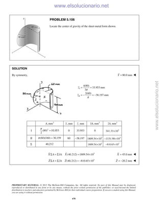 PROPRIETARY MATERIAL. © 2013 The McGraw-Hill Companies, Inc. All rights reserved. No part of this Manual may be displayed,
reproduced or distributed in any form or by any means, without the prior written permission of the publisher, or used beyond the limited
distribution to teachers and educators permitted by McGraw-Hill for their individual course preparation. If you are a student using this Manual,
you are using it without permission.
678
PROBLEM 5.106
Locate the center of gravity of the sheet-metal form shown.
SOLUTION
By symmetry, 80.0 mm=Y 
I
II
4(80)
33.953 mm
3
2(60)
38.197 mm
π
π
= =
= − = −
z
z
2
, mmA , mmx , mmz 3
, mmxA 3
, mmzA
I 2
(80) 10,053
2
π
= 0 33.953 0 3
341.33 10×
II (60)(160) 30,159π = 60 −38.197 3
1809.54 10× 3
1151.98 10− ×
Σ 40,212 3
1809.54 10× 3
810.65 10− ×
3
: (40,212) 1809.54 10X A xA XΣ = Σ = × 45.0 mm=X 
3
: (40,212) 810.65 10Z A zA ZΣ = Σ = − × 20.2 mm= −Z 
www.elsolucionario.net
www.elsolucionario.net
 