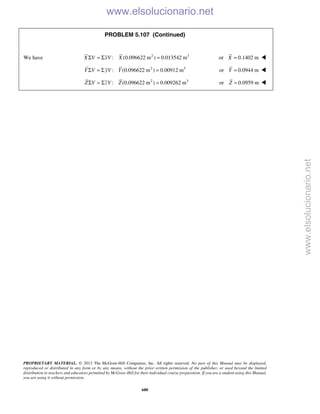 PROPRIETARY MATERIAL. © 2013 The McGraw-Hill Companies, Inc. All rights reserved. No part of this Manual may be displayed,
reproduced or distributed in any form or by any means, without the prior written permission of the publisher, or used beyond the limited
distribution to teachers and educators permitted by McGraw-Hill for their individual course preparation. If you are a student using this Manual,
you are using it without permission.
680
PROBLEM 5.107 (Continued)
We have 2 3
: (0.096622 m ) 0.013542 mX V xV XΣ = Σ = or 0.1402 mX = 
2 3
: (0.096622 m ) 0.00912 mY V yV YΣ = Σ = or 0.0944 mY = 
2 3
: (0.096622 m ) 0.009262 mZ V zV ZΣ = Σ = or 0.0959 mZ = 
www.elsolucionario.net
www.elsolucionario.net
 