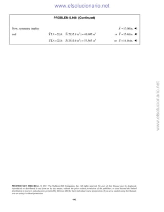 PROPRIETARY MATERIAL. © 2013 The McGraw-Hill Companies, Inc. All rights reserved. No part of this Manual may be displayed,
reproduced or distributed in any form or by any means, without the prior written permission of the publisher, or used beyond the limited
distribution to teachers and educators permitted by McGraw-Hill for their individual course preparation. If you are a student using this Manual,
you are using it without permission.
682
PROBLEM 5.108 (Continued)
Now, symmetry implies 17.00 in.X = 
and 2 3
: (2652.9 in ) 41,607 inY A yA YΣ = Σ = or 15.68 in.Y = 
2 3
: (2652.9 in ) 37,567 inZ A zA ZΣ = Σ = or 14.16 in.Z = 
www.elsolucionario.net
www.elsolucionario.net
 