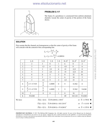 PROPRIETARY MATERIAL. © 2013 The McGraw-Hill Companies, Inc. All rights reserved. No part of this Manual may be displayed,
reproduced or distributed in any form or by any means, without the prior written permission of the publisher, or used beyond the limited
distribution to teachers and educators permitted by McGraw-Hill for their individual course preparation. If you are a student using this Manual,
you are using it without permission.
693
PROBLEM 5.117
The frame of a greenhouse is constructed from uniform aluminum
channels. Locate the center of gravity of the portion of the frame
shown.
SOLUTION
First assume that the channels are homogeneous so that the center of gravity of the frame
will coincide with the centroid of the corresponding line.
8 9
8 9
2 3 6
ft
2 3
5 6.9099 ft
x x
y y
π π
π
×
= = =
×
= = + =
, ftL , ftx , fty , ftz 2
, ftxL 2
, ftyL 2
, ftzL
1 2 3 0 1 6 0 2
2 3 1.5 0 2 4.5 0 6
3 5 3 2.5 0 15 12.5 0
4 5 3 2.5 2 15 12.5 10
5 8 0 4 2 0 32 16
6 2 3 5 1 6 10 2
7 3 1.5 5 2 4.5 15 6
8 3 4.7124
2
π
× =
6
π
6.9099 0 9 32.562 0
9 3 4.7124
2
π
× =
6
π
6.9099 2 9 32.562 9.4248
10 2 0 8 1 0 16 2
Σ 39.4248 69 163.124 53.4248
We have 2
: (39.4248 ft) 69 ftX L x L XΣ = Σ = or 1.750 ftX = 
2
: (39.4248 ft) 163.124 ftY L y L YΣ = Σ = or 4.14 ftY = 
2
: (39.4248 ft) 53.4248 ftZ L z L ZΣ = Σ = or 1.355 ftZ = 
www.elsolucionario.net
www.elsolucionario.net
 