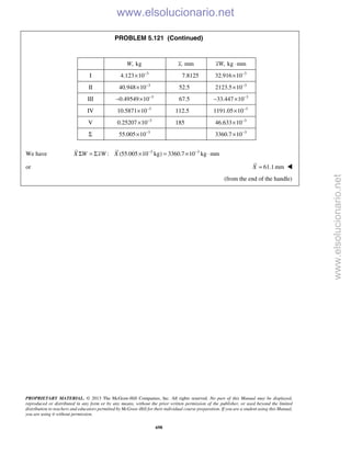 PROPRIETARY MATERIAL. © 2013 The McGraw-Hill Companies, Inc. All rights reserved. No part of this Manual may be displayed,
reproduced or distributed in any form or by any means, without the prior written permission of the publisher, or used beyond the limited
distribution to teachers and educators permitted by McGraw-Hill for their individual course preparation. If you are a student using this Manual,
you are using it without permission.
698
PROBLEM 5.121 (Continued)
, kgW , mmx , kg mmxW ⋅
I 3
4.123 10−
× 7.8125 3
32.916 10−
×
II 3
40.948 10−
× 52.5 3
2123.5 10−
×
III 3
0.49549 10−
− × 67.5 3
33.447 10−
− ×
IV 3
10.5871 10−
× 112.5 3
1191.05 10−
×
V 3
0.25207 10−
× 185 3
46.633 10−
×
Σ 3
55.005 10−
× 3
3360.7 10−
×
We have 3 3
: (55.005 10 kg) 3360.7 10 kg mmX W xW X − −
Σ = Σ × = × ⋅
or 61.1mmX = 
(from the end of the handle)
www.elsolucionario.net
www.elsolucionario.net
 