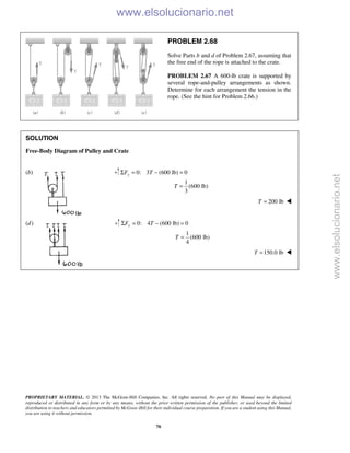PROPRIETARY MATERIAL. © 2013 The McGraw-Hill Companies, Inc. All rights reserved. No part of this Manual may be displayed,
reproduced or distributed in any form or by any means, without the prior written permission of the publisher, or used beyond the limited
distribution to teachers and educators permitted by McGraw-Hill for their individual course preparation. If you are a student using this Manual,
you are using it without permission.
70
PROBLEM 2.68
Solve Parts b and d of Problem 2.67, assuming that
the free end of the rope is attached to the crate.
PROBLEM 2.67 A 600-lb crate is supported by
several rope-and-pulley arrangements as shown.
Determine for each arrangement the tension in the
rope. (See the hint for Problem 2.66.)
SOLUTION
Free-Body Diagram of Pulley and Crate
(b) 0: 3 (600 lb) 0
1
(600 lb)
3
yF T
T
Σ = − =
=
200 lbT = 
(d) 0: 4 (600 lb) 0
1
(600 lb)
4
yF T
T
Σ = − =
=
150.0 lbT = 

www.elsolucionario.net
www.elsolucionario.net
 