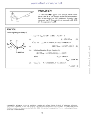 PROPRIETARY MATERIAL. © 2013 The McGraw-Hill Companies, Inc. All rights reserved. No part of this Manual may be displayed,
reproduced or distributed in any form or by any means, without the prior written permission of the publisher, or used beyond the limited
distribution to teachers and educators permitted by McGraw-Hill for their individual course preparation. If you are a student using this Manual,
you are using it without permission.
72
PROBLEM 2.70
An 1800-N load Q is applied to the pulley C, which can roll
on the cable ACB. The pulley is held in the position shown
by a second cable CAD, which passes over the pulley A and
supports a load P. Determine (a) the tension in cable ACB,
(b) the magnitude of load P.
SOLUTION
Free-Body Diagram: Pulley C
0: (cos25 cos55 ) cos55 0x ACBF T PΣ = ° − ° − ° =
or 0.58010 ACBP T= (1)
0: (sin 25 sin55 ) sin55 1800 N 0y ACBF T PΣ = ° + ° + ° − =
or 1.24177 0.81915 1800 NACBT P+ = (2)
(a) Substitute Equation (1) into Equation (2):
1.24177 0.81915(0.58010 ) 1800 NACB ACBT T+ =
Hence: 1048.37 NACBT =
1048 NACBT = 
(b) Using (1), 0.58010(1048.37 N) 608.16 NP = =
608 NP = 
www.elsolucionario.net
www.elsolucionario.net
 