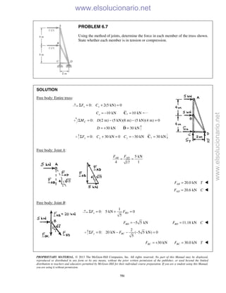 PROPRIETARY MATERIAL. © 2013 The McGraw-Hill Companies, Inc. All rights reserved. No part of this Manual may be displayed,
reproduced or distributed in any form or by any means, without the prior written permission of the publisher, or used beyond the limited
distribution to teachers and educators permitted by McGraw-Hill for their individual course preparation. If you are a student using this Manual,
you are using it without permission.
751
PROBLEM 6.7
Using the method of joints, determine the force in each member of the truss shown.
State whether each member is in tension or compression.
SOLUTION
Free body: Entire truss:
0: 2(5 kN) 0x xF CΣ = + =
10 kN 10 kNxxC = − =C

0: (2 m) (5 kN)(8 m) (5 kN)(4 m) 0CM DΣ = − − =
30 kN 30 kND = + =D

0: 30 kN 0 30 kN 30 kNyy y yF C CΣ = + = = − =C

Free body: Joint A:
5 kN
4 117
AB ADF F
= =
20.0 kNABF T= 
  20.6 kNADF C= 
Free body: Joint B:
1
0: 5 kN 0
5
x BDF FΣ = + =
5 5 kNBDF = − 11.18 kNBDF C= 
2
0: 20 kN ( 5 5 kN) 0
5
y BCF FΣ = − − − =
30 kNBCF = + 30.0 kNBCF T= 

www.elsolucionario.net
www.elsolucionario.net
 