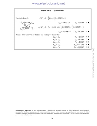 PROPRIETARY MATERIAL. © 2013 The McGraw-Hill Companies, Inc. All rights reserved. No part of this Manual may be displayed,
reproduced or distributed in any form or by any means, without the prior written permission of the publisher, or used beyond the limited
distribution to teachers and educators permitted by McGraw-Hill for their individual course preparation. If you are a student using this Manual,
you are using it without permission.
761
PROBLEM 6.12 (Continued)
Free body: Joint C:
4 4
0: (2.8125 kN) 0
5 5
y CDF FΣ = − =
2.8125 kN,CDF = 2.81kNCDF T= 
3 3
0: 10.125 kN (2.8125 kN) (2.8125 kN) 0
5 5
x CEF FΣ = − + + =
6.7500 kNCEF = + 6.75 kNCEF T= 
Because of the symmetry of the truss and loading, we deduce that
DE CDF F= 2.81kNCDF T= 
DF BDF F= 9.23 kNDFF C= 
EF BCF F= 2.81kNEFF C= 
EG ACF F= 10.13 kNEGF T= 
FG ABF F= 11.08 kNFGF C= 
www.elsolucionario.net
www.elsolucionario.net
 