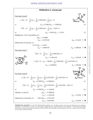 PROPRIETARY MATERIAL. © 2013 The McGraw-Hill Companies, Inc. All rights reserved. No part of this Manual may be displayed,
reproduced or distributed in any form or by any means, without the prior written permission of the publisher, or used beyond the limited
distribution to teachers and educators permitted by McGraw-Hill for their individual course preparation. If you are a student using this Manual,
you are using it without permission.
763
PROBLEM 6.13 (Continued)
Free body: Joint B:
2 2 1
0: (7.8262 kN) 0
5 5 2
x BD BCF F FΣ = + + =
or 0.79057 7.8262 kNBD BCF F+ = − (1)
1 1 1
0: (7.8262 kN) 2 kN 0
5 5 2
y BD BCF F FΣ = + − − =
or 1.58114 3.3541BD BCF F− = − (2)
Multiply Eq. (1) by 2 and add Eq. (2):
3 19.0065
6.3355 kN
BD
BD
F
F
= −
= − 6.34 kNBDF C= 
Subtract Eq. (2) from Eq. (1):
2.37111 4.4721
1.8861kN
BC
BC
F
F
= −
= − 1.886 kNBCF C= 
Free body: Joint C:
2 1
0: (1.8861kN) 0
5 2
y CDF FΣ = − =
1.4911kNCDF = + 1.491kNCDF T= 
1 1
0: 7.00 kN (1.8861kN) (1.4911 kN) 0
2 5
x CEF FΣ = − + + =
5.000 kNCEF = + 5.00 kNCEF T= 
Free body: Joint D:
2 1 2 1
0: (6.3355 kN) (1.4911kN) 0
5 2 5 5
x DF DEF F FΣ = + + − =
or 0.79057 5.5900 kNDF DEF F+ = − (1)
1 1 1 2
0: (6.3355 kN) (1.4911kN) 2 kN 0
5 2 5 5
y DF DEF F FΣ = − + − − =
or 0.79057 1.1188 kNDF DEF F− = − (2)
Add Eqs. (1) and (2): 2 6.7088 kNDFF = −
3.3544 kNDFF = − 3.35 kNDFF C= 
Subtract Eq. (2) from Eq. (1): 1.58114 4.4712 kNDEF = −
2.8278 kNDEF = − 2.83 kNDEF C= 
www.elsolucionario.net
www.elsolucionario.net
 