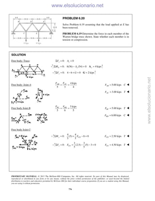PROPRIETARY MATERIAL. © 2013 The McGraw-Hill Companies, Inc. All rights reserved. No part of this Manual may be displayed,
reproduced or distributed in any form or by any means, without the prior written permission of the publisher, or used beyond the limited
distribution to teachers and educators permitted by McGraw-Hill for their individual course preparation. If you are a student using this Manual,
you are using it without permission.
776
PROBLEM 6.20
Solve Problem 6.19 assuming that the load applied at E has
been removed.
PROBLEM 6.19 Determine the force in each member of the
Warren bridge truss shown. State whether each member is in
tension or compression.
SOLUTION
Free body: Truss: 0: 0x xF AΣ = =
0: 6(36) (54) 0 4 kipsG y yM AΣ = − = =A
0: 4 6 0 2 kipsyF GΣ = − + = =G
Free body: Joint A:
4 kips
5 3 4
ACAB FF
= = 5.00 kipsABF C= 
3.00 kipsACF T= 
Free body Joint B:
5 kips
5 6 5
BC BDF F
= = 5.00 kipsBCF T= 
6.00 kipsBDF C= 
Free body Joint C:
4 4
0: (5) 6 0
5 5
y CDM FΣ = + − = 2.50 kipsCDF T= 
3 3
0: (2.5) (5) 3 0
5 5
x CEF FΣ = + − − = 4.50 kipsCEF T= 
www.elsolucionario.net
www.elsolucionario.net
 