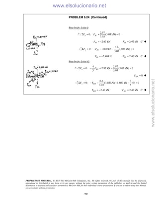 PROPRIETARY MATERIAL. © 2013 The McGraw-Hill Companies, Inc. All rights reserved. No part of this Manual may be displayed,
reproduced or distributed in any form or by any means, without the prior written permission of the publisher, or used beyond the limited
distribution to teachers and educators permitted by McGraw-Hill for their individual course preparation. If you are a student using this Manual,
you are using it without permission.
785
PROBLEM 6.24 (Continued)
Free body: Joint I:
2.97
0: (3.03 kN) 0
3.03
x IKF FΣ = + =
2.97 kNIKF = − 2.97 kNIKF C= 
0.6
0: 1.800 kN (3.03 kN) 0
3.03
y INF FΣ = − − − =
2.40 kNINF = − 2.40 kNINF C= 
Free body: Joint K:
4 2.97
0: 2.97 kN (3.03 kN) 0
5 3.03
x KNF FΣ = − + − =
0KNF = 
0.6 3
0: (3.03 kN) 1.800 kN (0) 0
3.03 5
y KOF FΣ = − − − − =
2.40 kNKOF = − 2.40 kNKOF C= 
www.elsolucionario.net
www.elsolucionario.net
 