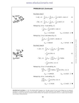 PROPRIETARY MATERIAL. © 2013 The McGraw-Hill Companies, Inc. All rights reserved. No part of this Manual may be displayed,
reproduced or distributed in any form or by any means, without the prior written permission of the publisher, or used beyond the limited
distribution to teachers and educators permitted by McGraw-Hill for their individual course preparation. If you are a student using this Manual,
you are using it without permission.
789
PROBLEM 6.26 (Continued)
Free body: Joint C:
1 4 1
0: (2.2627) 8.40 0
5 17 2
x CD CEF F FΣ = + + − = (3)
2 1 1
0: (2.2627) 0
5 17 2
y CD CEF F FΣ = + − = (4)
Multiply Eq. (4) by −4 and add Eq. (1):
7 5
(2.2627) 8.40 0
5 2
CDF− + − =
0.1278 kNCDF = − 0.128 kNCDF C= 
Multiply Eq. (1) by 2 and subtract Eq. (2):
7 3
(2.2627) 2(8.40) 0
17 2
+ − =CEF
7.068 kNCEF = 7.07 kNCEF T= 
Free body: Joint D:
2 1 2
0: (7.6026)
1.5245 5
x DF DEF F FΣ = + +
1
(0.1278) 0
5
+ = (5)
1 1.15 1
0: (7.6026)
1.5245 5
y DF DEF F FΣ = − +
2
(0.1278) 2.4 0
5
+ − = (6)
Multiply Eq. (5) by 1.15 and add Eq. (6):
3.30 3.30 3.15
(7.6026) (0.1278) 2.4 0
5 5 5
DFF + + − =
6.098 kNDFF = − 6.10 kNDFF C= 
Multiply Eq. (6) by –2 and add Eq. (5):
3.30 3
(0.1278) 4.8 0
1.524 5
DEF − + =
2.138 kNDEF = − 2.14 kNDEF C= 
www.elsolucionario.net
www.elsolucionario.net
 