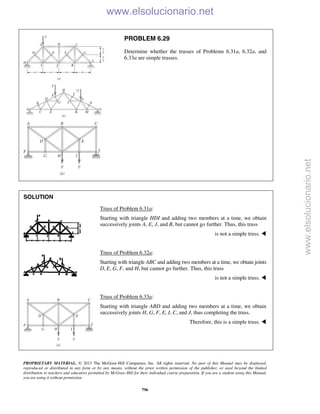 PROPRIETARY MATERIAL. © 2013 The McGraw-Hill Companies, Inc. All rights reserved. No part of this Manual may be displayed,
reproduced or distributed in any form or by any means, without the prior written permission of the publisher, or used beyond the limited
distribution to teachers and educators permitted by McGraw-Hill for their individual course preparation. If you are a student using this Manual,
you are using it without permission.
796
PROBLEM 6.29
Determine whether the trusses of Problems 6.31a, 6.32a, and
6.33a are simple trusses.
SOLUTION
Truss of Problem 6.31a:
Starting with triangle HDI and adding two members at a time, we obtain
successively joints A, E, J, and B, but cannot go further. Thus, this truss
is not a simple truss. 
Truss of Problem 6.32a:
Starting with triangle ABC and adding two members at a time, we obtain joints
D, E, G, F, and H, but cannot go further. Thus, this truss
is not a simple truss. 
Truss of Problem 6.33a:
Starting with triangle ABD and adding two members at a time, we obtain
successively joints H, G, F, E, I, C, and J, thus completing the truss.
Therefore, this is a simple truss. 
www.elsolucionario.net
www.elsolucionario.net
 
