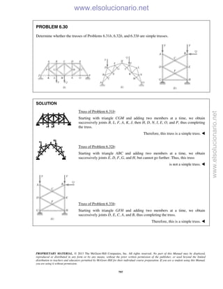 PROPRIETARY MATERIAL. © 2013 The McGraw-Hill Companies, Inc. All rights reserved. No part of this Manual may be displayed,
reproduced or distributed in any form or by any means, without the prior written permission of the publisher, or used beyond the limited
distribution to teachers and educators permitted by McGraw-Hill for their individual course preparation. If you are a student using this Manual,
you are using it without permission.
797
PROBLEM 6.30
Determine whether the trusses of Problems 6.31b, 6.32b, and 6.33b are simple trusses.
SOLUTION
Truss of Problem 6.31b:
Starting with triangle CGM and adding two members at a time, we obtain
successively joints B, L, F, A, K, J, then H, D, N, I, E, O, and P, thus completing
the truss.
Therefore, this truss is a simple truss. 
Truss of Problem 6.32b:
Starting with triangle ABC and adding two members at a time, we obtain
successively joints E, D, F, G, and H, but cannot go further. Thus, this truss
is not a simple truss. 
Truss of Problem 6.33b:
Starting with triangle GFH and adding two members at a time, we obtain
successively joints D, E, C, A, and B, thus completing the truss.
Therefore, this is a simple truss. 
www.elsolucionario.net
www.elsolucionario.net
 